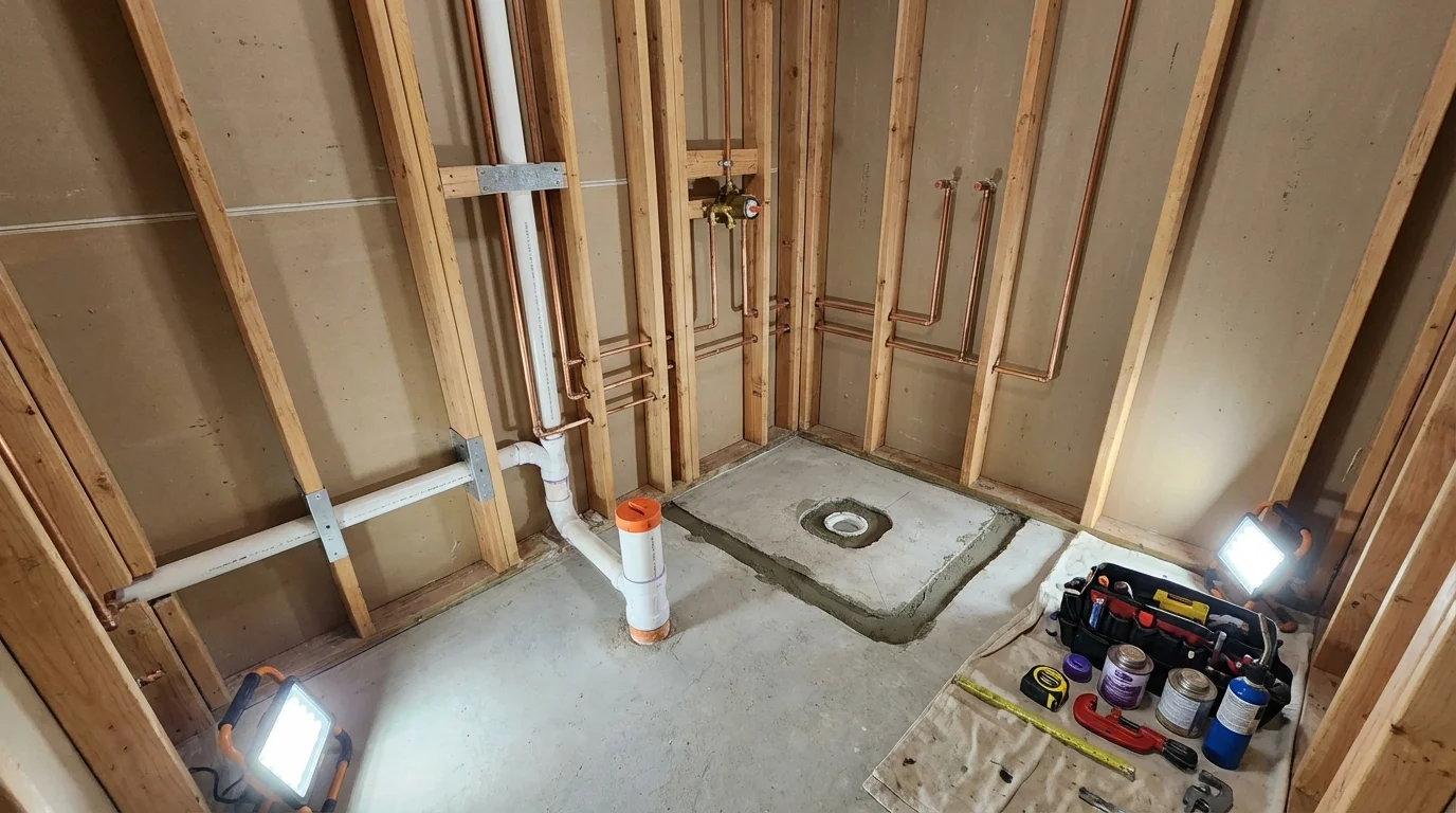 Bathroom rough-in plumbing during remodel by Johns Plumbing LLC in Kemp