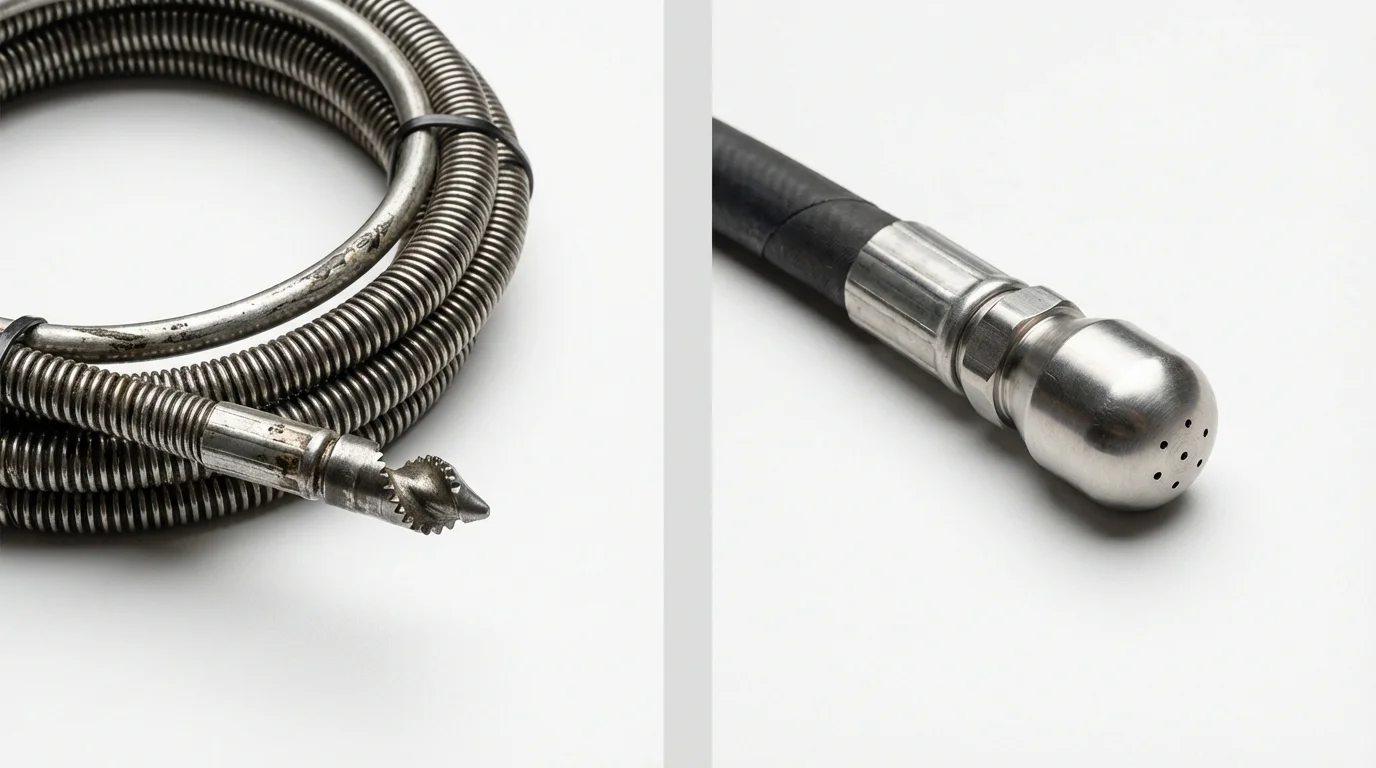 Drain snake cable and hydro jetting nozzle used for drain cleaning in Kemp, TX