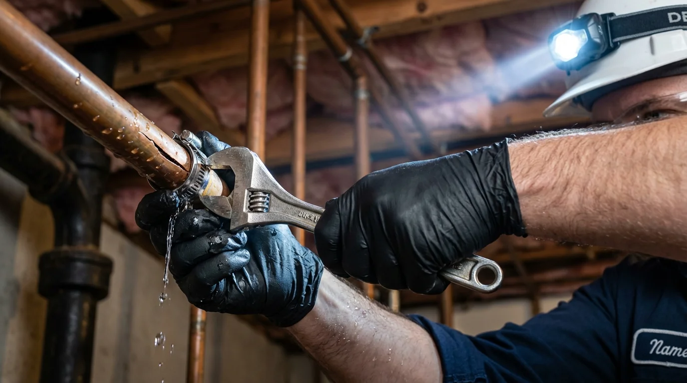 Emergency pipe clamp repair being performed by a Johns Plumbing LLC plumber in Kemp