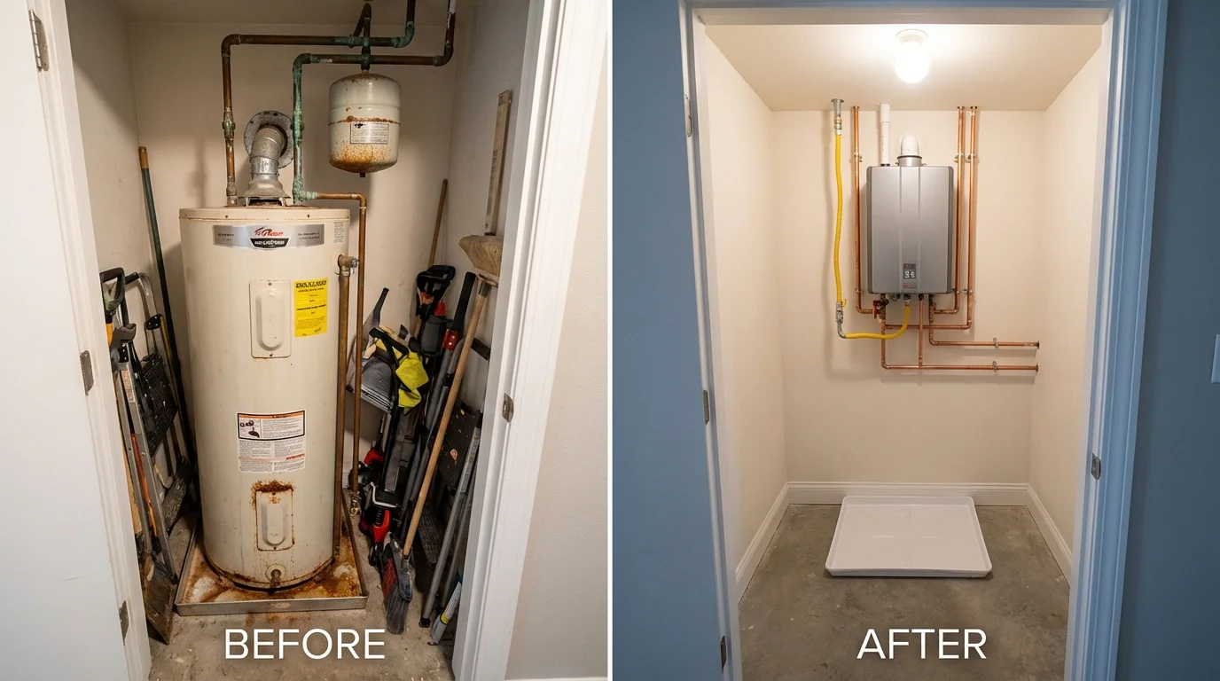 Tank water heater versus wall-mounted tankless unit comparison for Kemp, TX homeowners