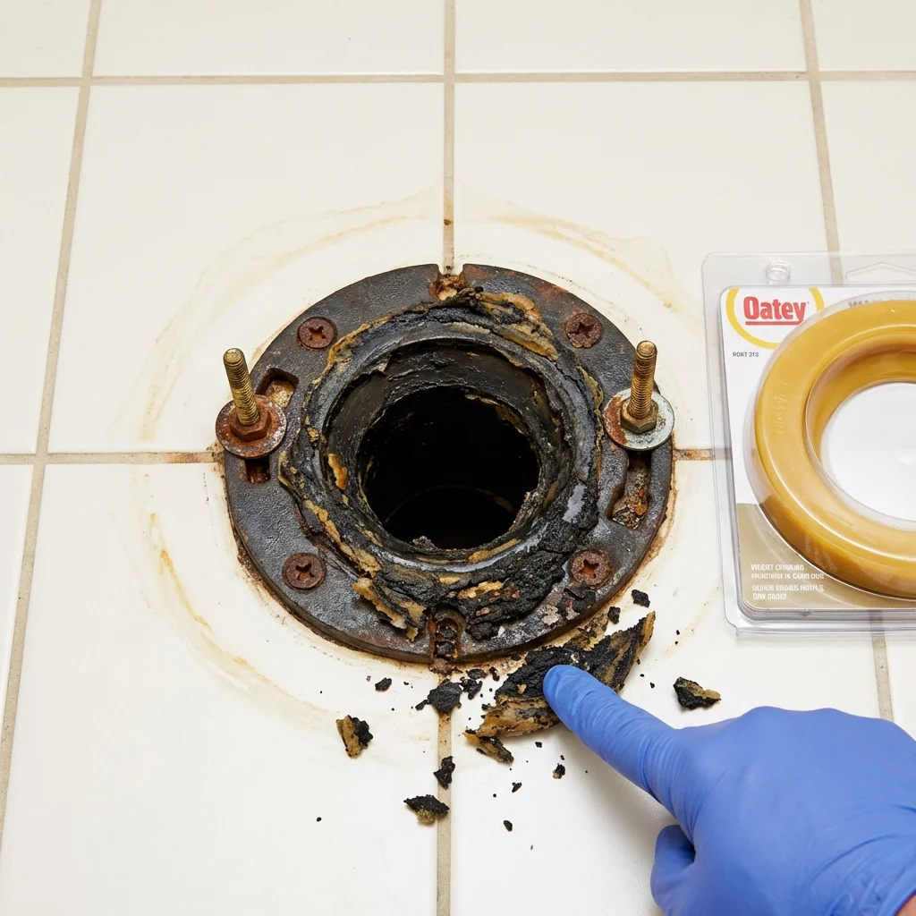 Failed wax ring showing water seepage at the base of a toilet in a Kemp, TX home