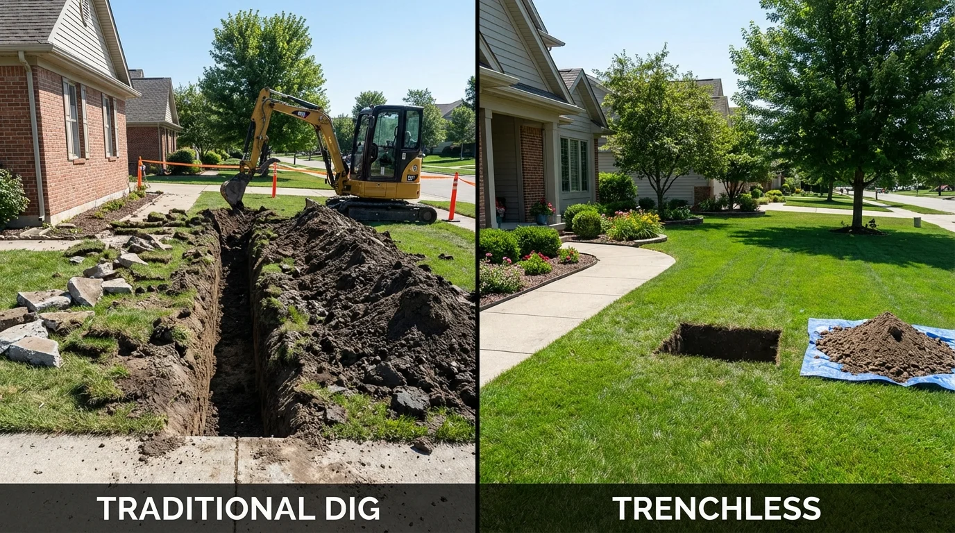 Trenchless sewer repair with minimal yard damage versus traditional excavation in Kemp, TX