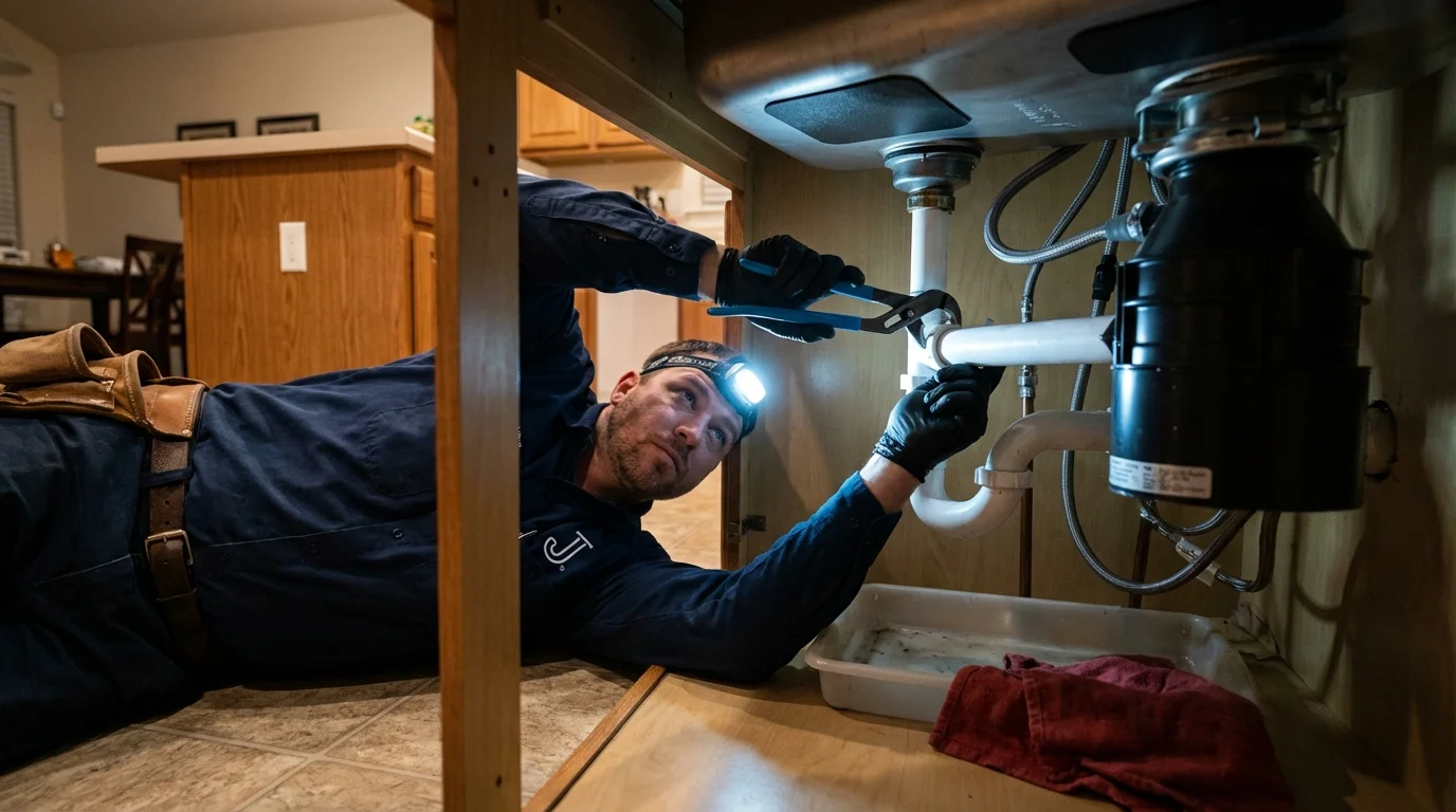 P-trap and supply line connections under a kitchen sink showing a common leak point in Kemp, TX